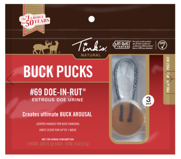 Tink’s #69 Doe-in-Rut Estrous Doe Urine Buck Pucks ~ 3 per pack